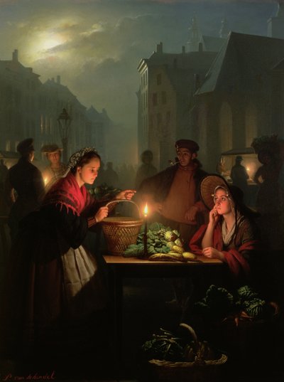 A Vegetable Stall at Night by Petrus van Schendel